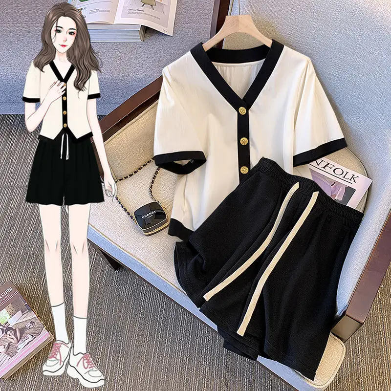 

2024 Women's Summer New French Suits Female Loose V-neck Short-sleeved T-shirt + Casual Wide Leg Shorts Ladies 2 Piece Sets Z251