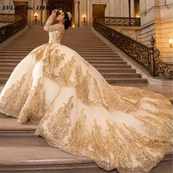 EVLAST Customized African Ivory Quinceanera Dress Gold Lace Applique Beaded Long Sleeve Mexican Sweet 16 Vestidos De Anos SQ393