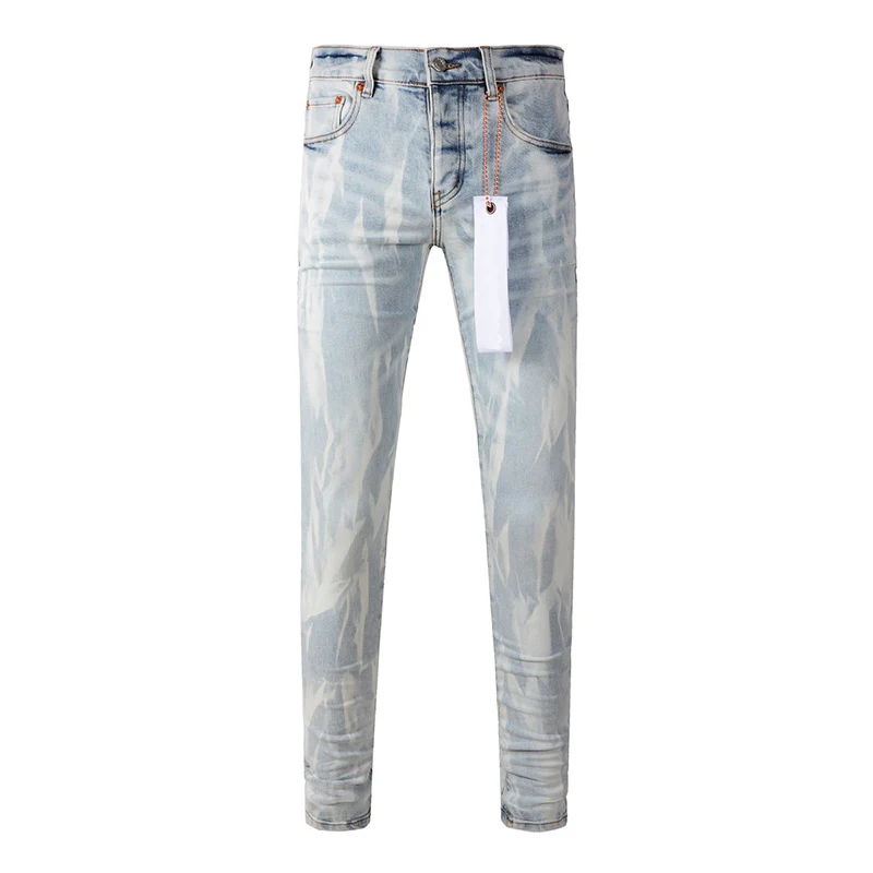 Men's American Streetwear Distressed High Street Fashion Light Blue Skinny Button Fly Ripped Jeans Pants