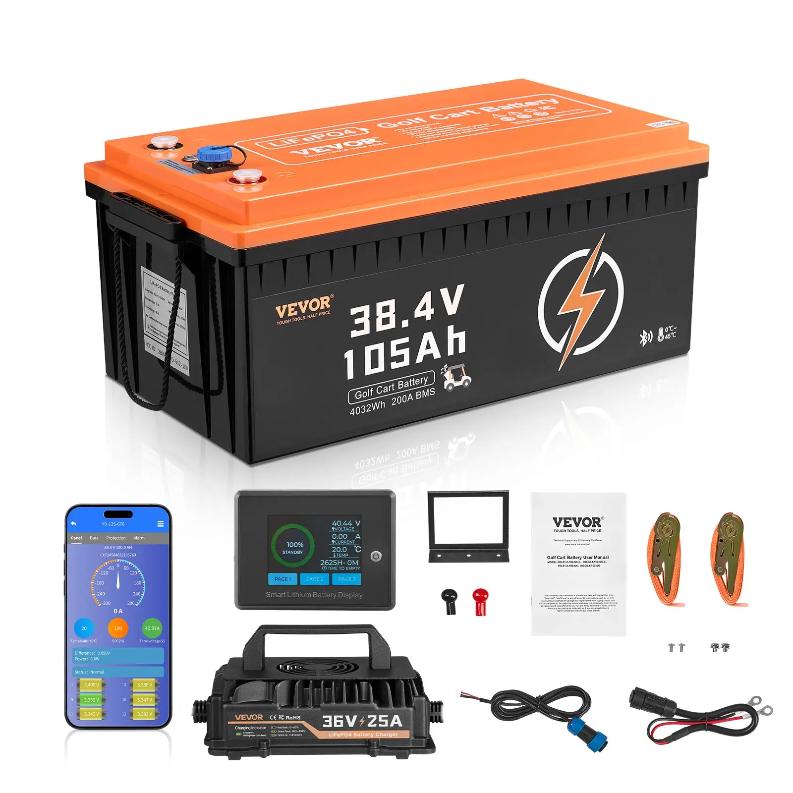 VEVOR 105Ah 36 Volt / 48 Volt Lithium Battery with 200A BMS Monitor Mobile APP LiFePO4 Battery 600A Peak for Golf Carts Use