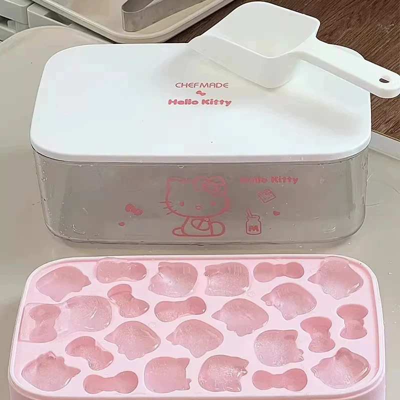 Sanrio Hellokitty Eiswürfelform mit Deckel, DIY Cartoon-Druckknopf-Silikon-Eisaufbewahrungsbox, geeignet für Haushalts-Eismaschinen – Detail 3