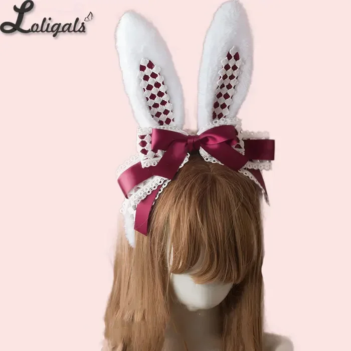 LOLITA Handmade Rabbit Ears Headband KC Multicolored Cute Plaid Cosplay Hairband