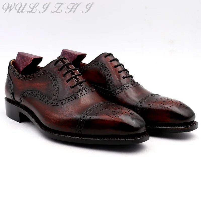 Burgundy Carved Men\'s Leather Shoes Formal Business Versatile Daily Men Shoes Genuine Leather Breathable British Oxford Shoes