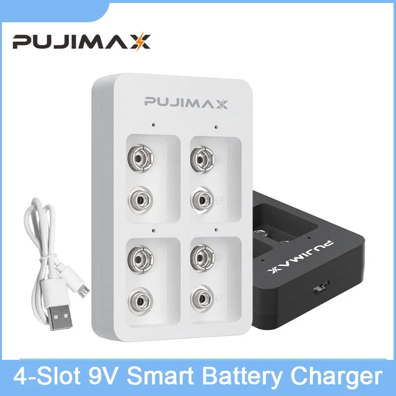 PUJIMAX 9V LED Display Battery Charger 4 Slots Independent Slot Smart Fast Charging For 9V NiMH/NiCd/Li-ion Rechargeable Battery