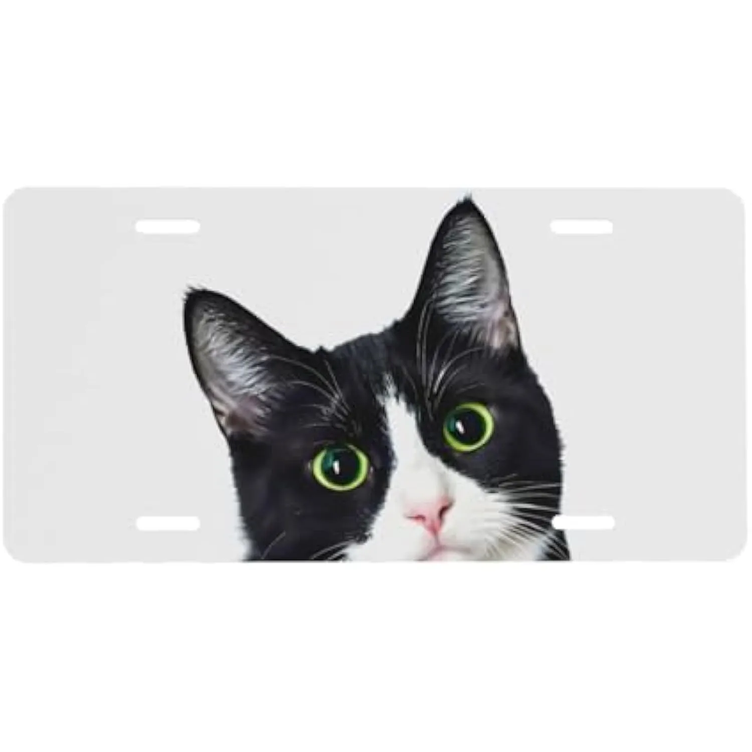 

Peeking Tuxedo Cat License Plate Decorative Aluminum Metal Vanity Cover for Cars and Trucks