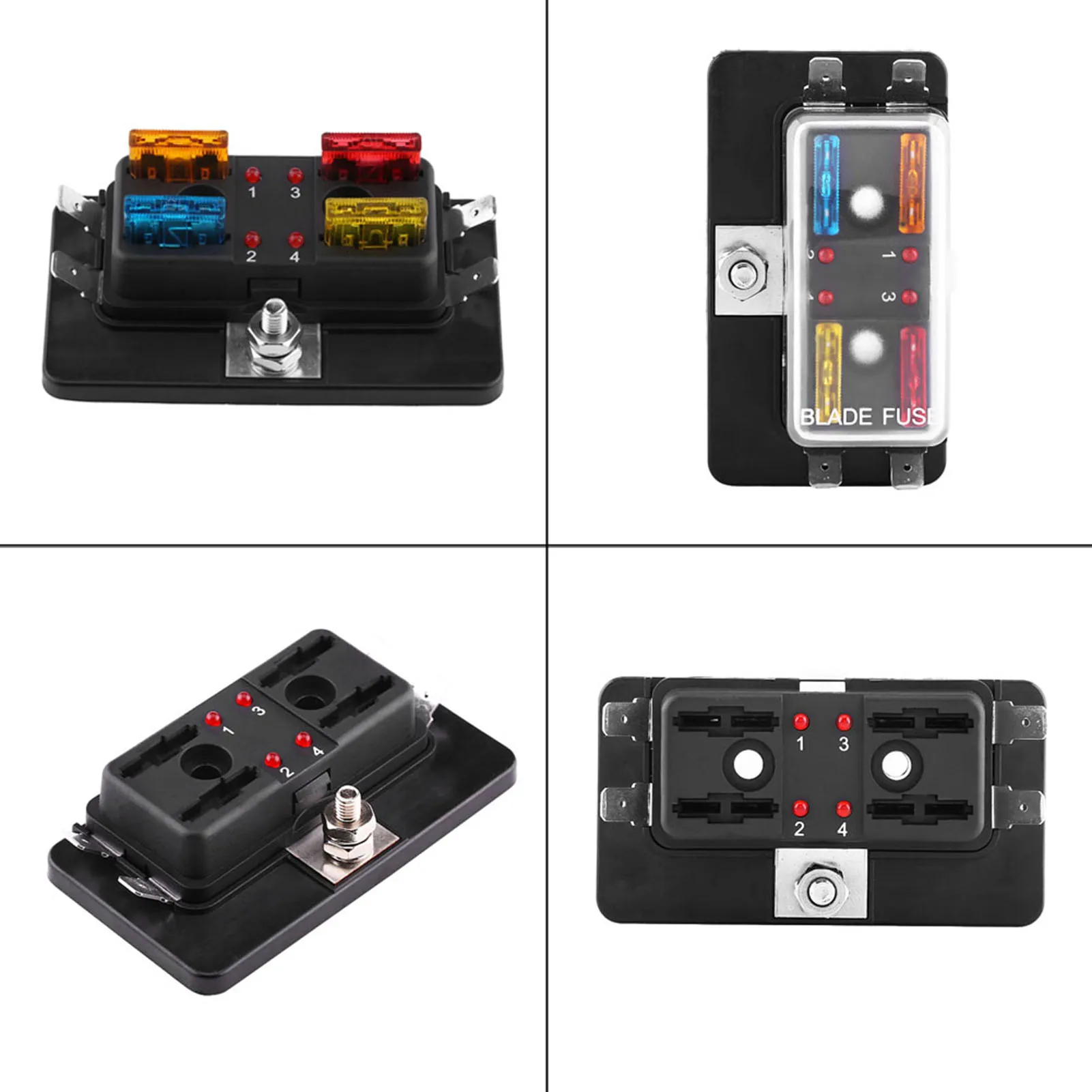 4 Way Blade  Box 4 Way Circuit Blade  Box Block Holder With LED Warning Light Kit For Car Van Boat Marine