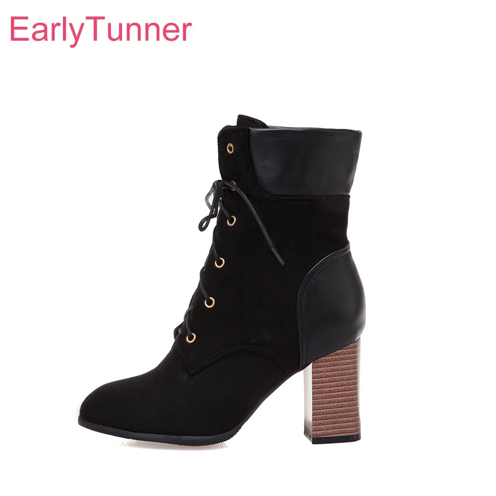 

Новые зимние удобные черные, желтые женские ботильоны, пикантные женские туфли на высоком каблуке со шнуровкой, маленький большой размер 11,3, 436, 50