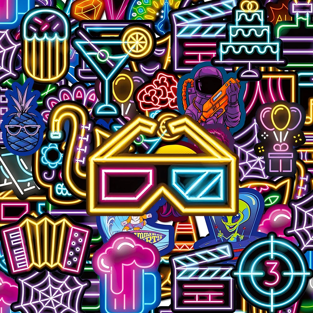 10/30/50pcs Cool Neon Light Cartoon Stickers Trendy Graffiti Waterproof Decals DIY Guitar Notebook Skateboard Reward Sticker Toy