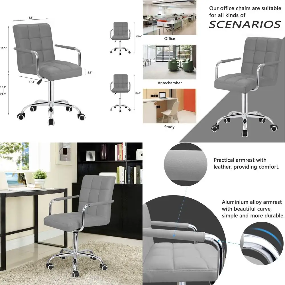 

Gray PU Leather Rolling Chair for Office, Teen, and Bedroom Desks - Ergonomic Vanity Chair
