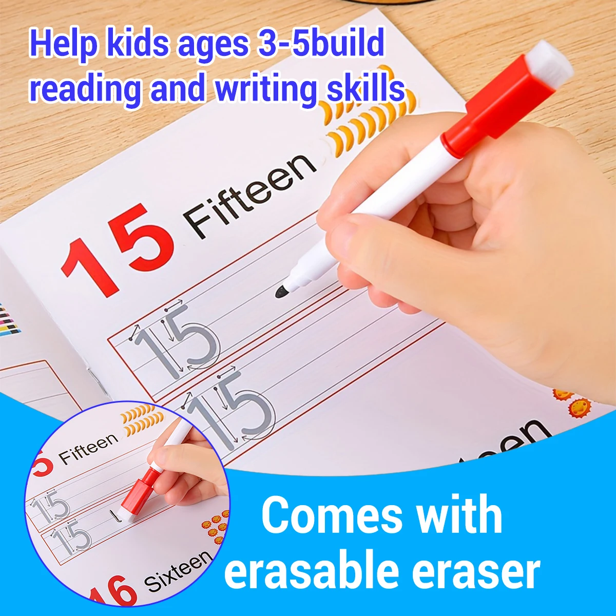 Children's Exercise Book Practice Alphanumeric Erasable Reusable Comes with a Pen Colorful Illustrations Preschool Starter Book