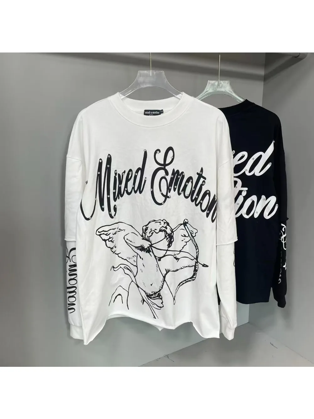 High Quality Designer MIXED-EMOTION Long sleeved T-shirt 100% cotton men's and women's Vintage Printed and hotfix rhinestone High Street Trendy Fashion Hip Hop T-shirt hoodie sweatshirt Pullover