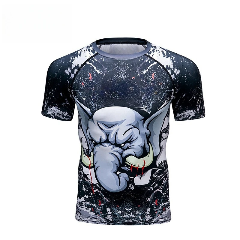 Men Gym Sportswear Short Sleeve Creative Print Kickboxing Training Compression Shirt Sports Running Man Round Neck T-Shirts Tops