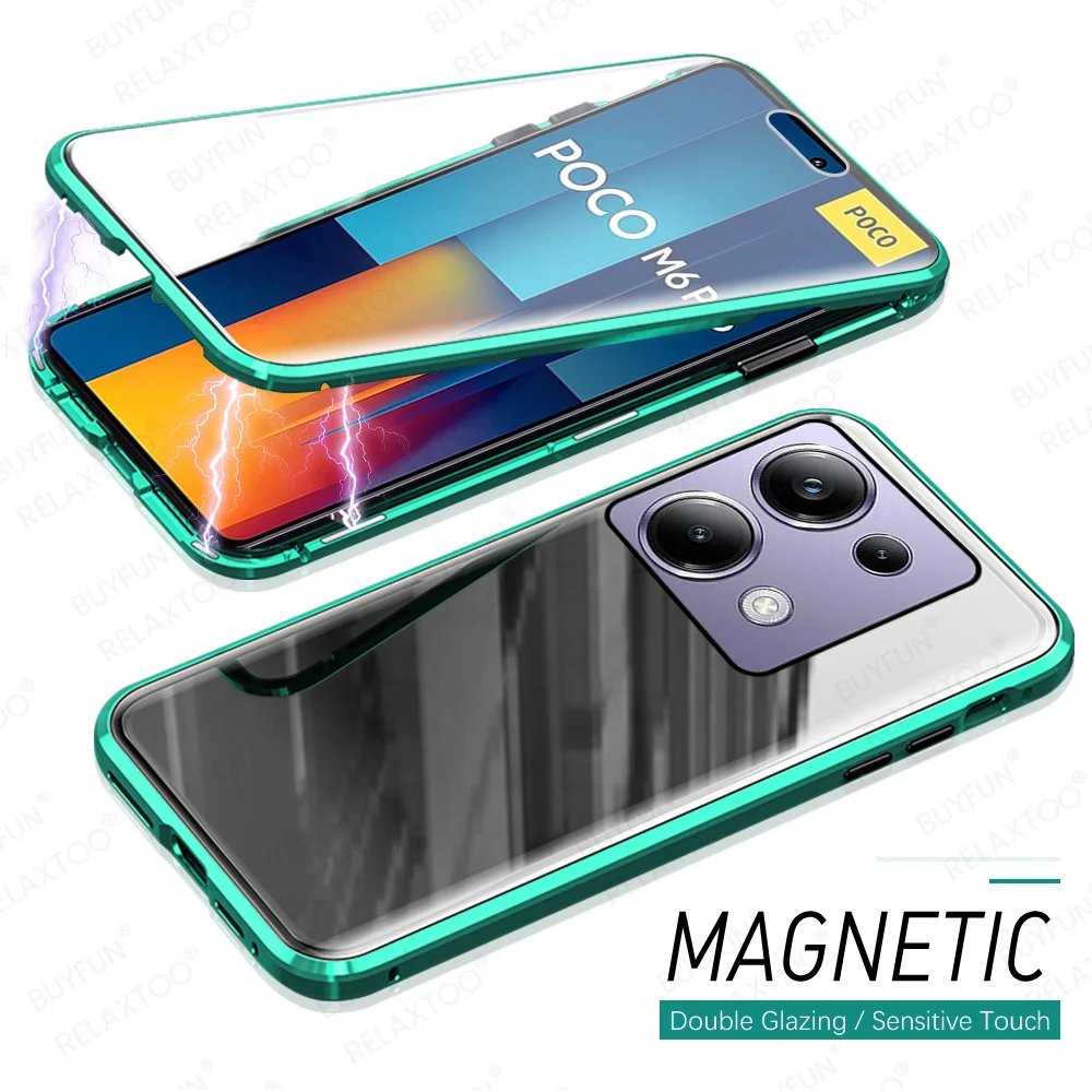 360 Magnetic Flip Double Side Protection Cover For Xiaomi Poco M6 Pro PocoM6Pro M6Pro 4G Case Front+Back Glass Metal Frame Funda