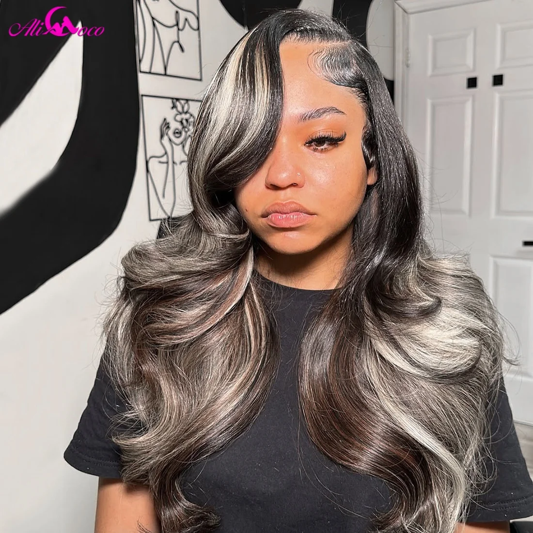 تسليط الضوء على الرماد شقراء والأسود الجسم موجة شعر مستعار شعر الإنسان 13X4 13x6 الجسم موجة الدانتيل أمامي خصلات الشعر المستعار الإنسان قبل قطعها 180 الكثافة