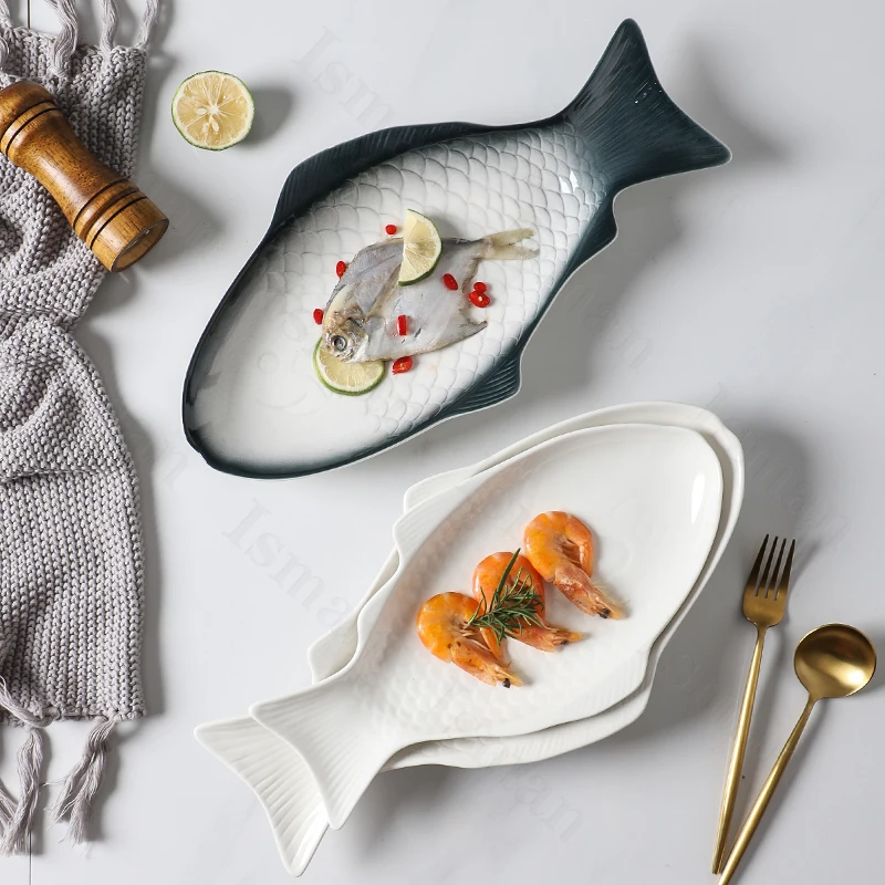 Creative Fish Shaped Ceramic Plate Simple Restaurant Tableware Steamed Fish Dish Grilled Fish and Seafood Dishes Dinner Plates