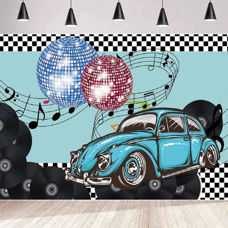 

Photography Backdrop Dis-co Balls Vintage Car Back To 50`s Retro Dinner Time Classic Decor Rock And Roll Party Background Banner