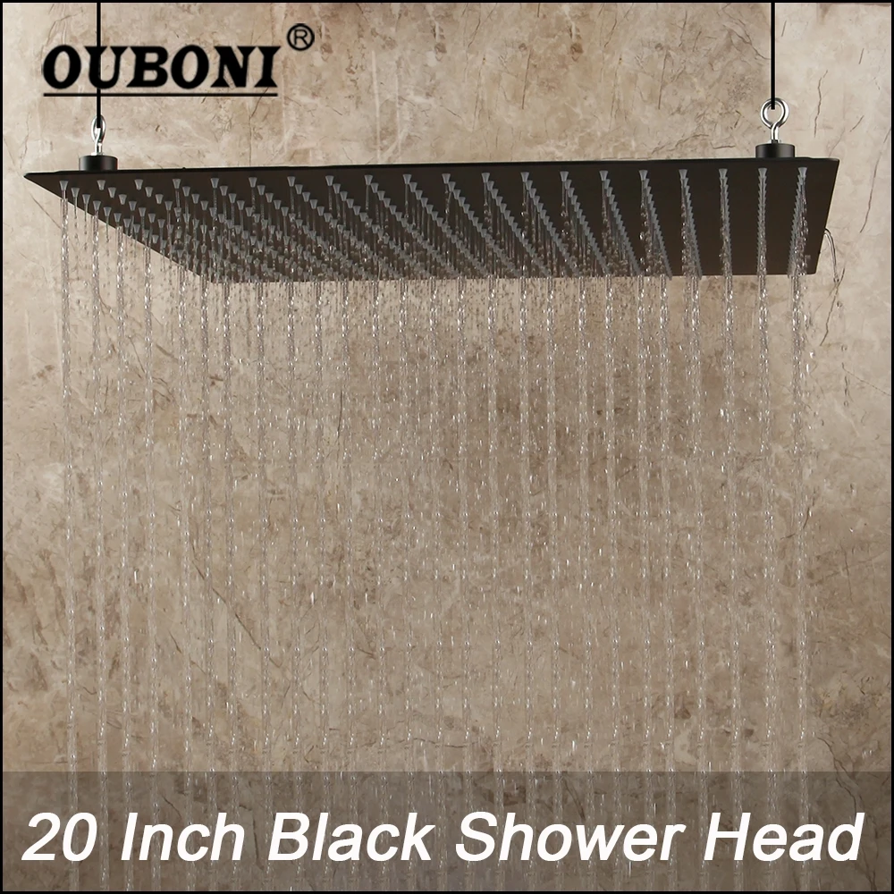 OUBONI 20 Inch Matte Black Square Super Slim Rainfall Water Shower Spray Stainless Steel Bathroom Ultra-thin Rain Shower Head