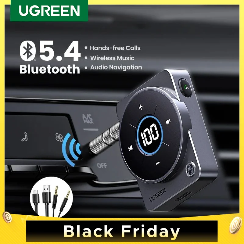 UGREEN Bluetooth 5.4 Aux Adapter Wireless 3.5mm Audio  Music for Car 20H Battery Life Screen Display SBC AAC