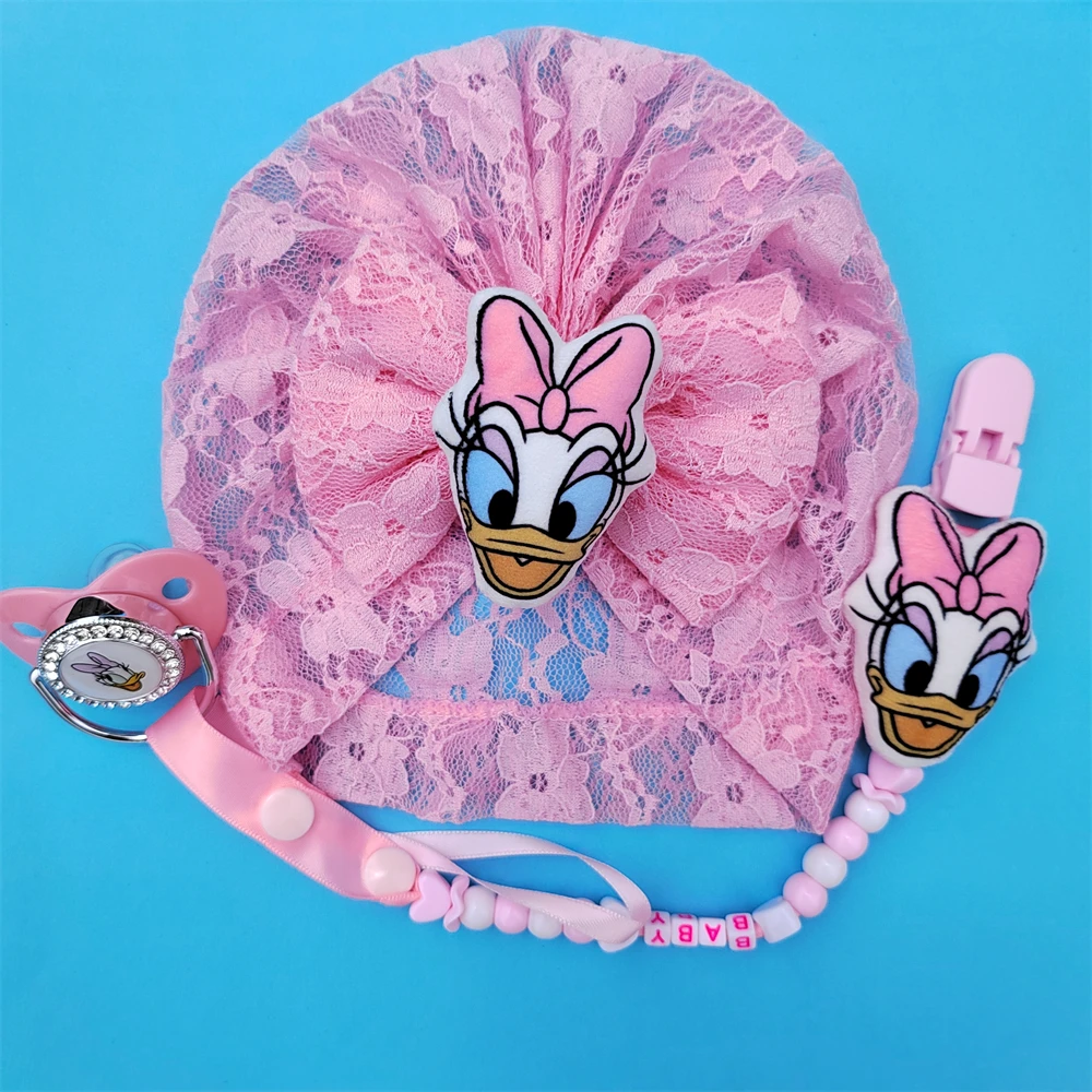 New Pink Daisy Duck Summer Anime Them Plush Happy Princess Baby Shoes Lace Headband Set Personalized with Name Holder for Nipple