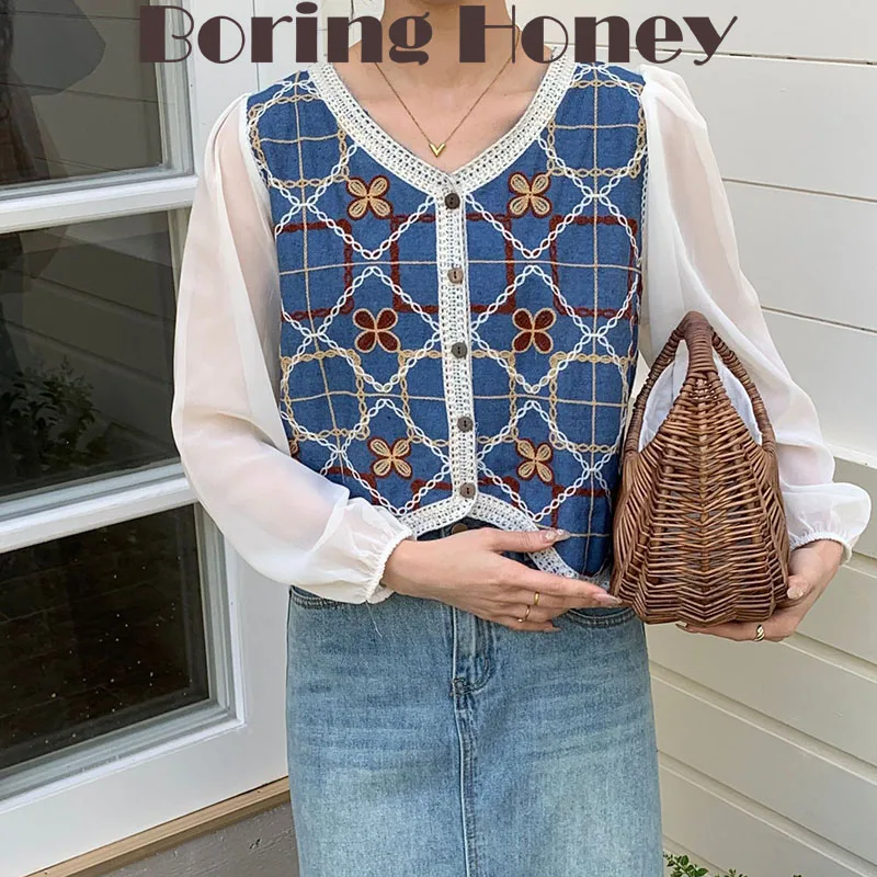 

Boring Honey Spring Summer New Sweet Lucky Clover Top V-Neck Single Breasted T-Shirt Women Jean Join Together Chiffon Sleeve Top