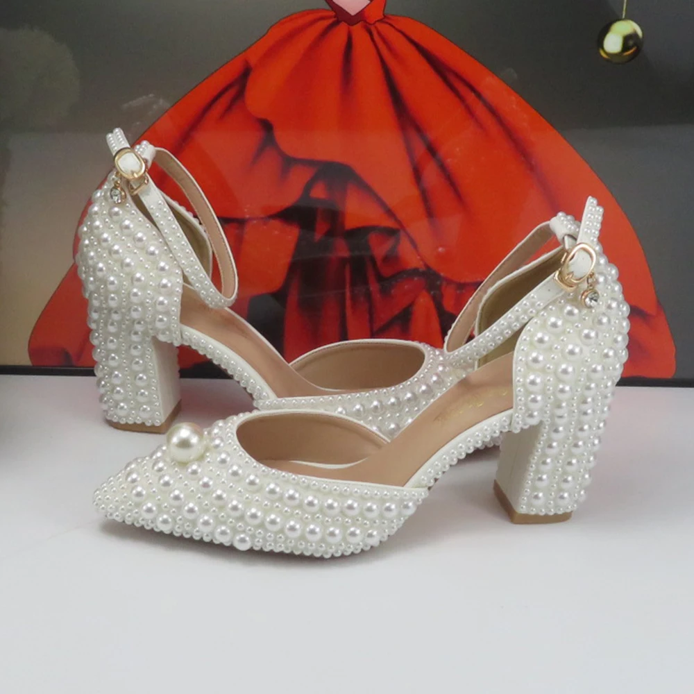 2024 New Arrival White high Pumps Female Bridal shoes bag set woman Pearl fashion party Shoes thick Heel shoes with handmade