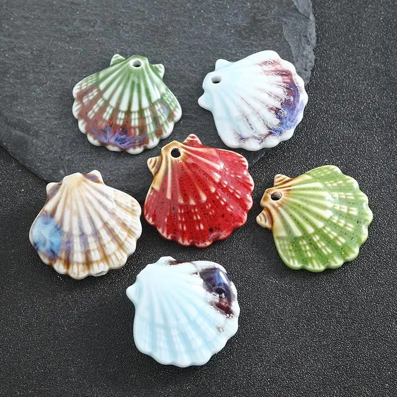`Colorful Glazed Ceramic Seashell Charms Handmade Ocean Style Pendants Necklace Making Handcraft Component DIY Jewelry Craft