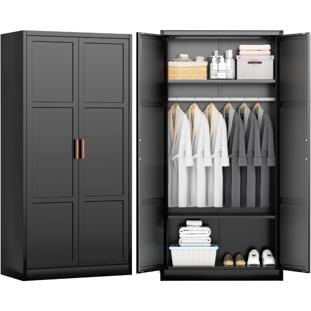 

Metal Storage Cabinet with Hanging Rail, Black Armoire Wardrobe Closet with 2 Doors,71" H Storage Closet Cabinets with Adjustab