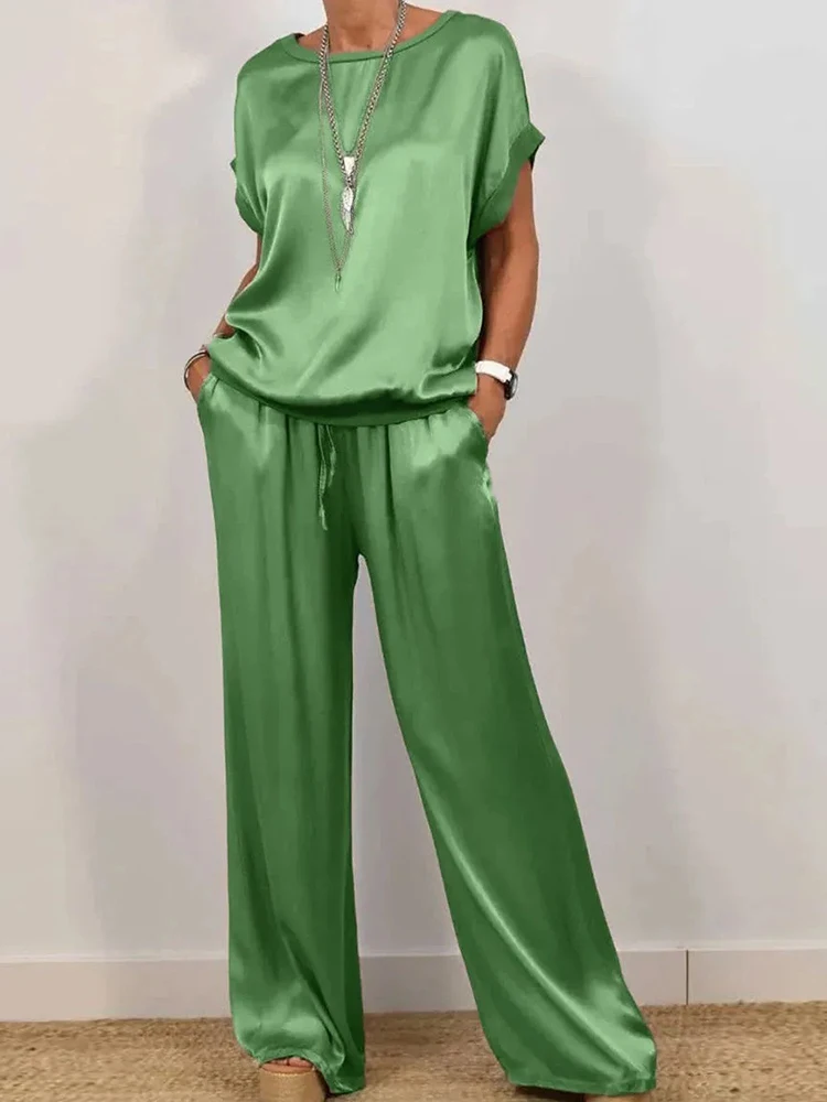 넓은 다리 바지 간단한 솔리드 복장, 여성 봄 여름 긴 소매 풀오버 탑 2PCS 세트, V 넥 버튼 플라이 세련된 숙녀 정장