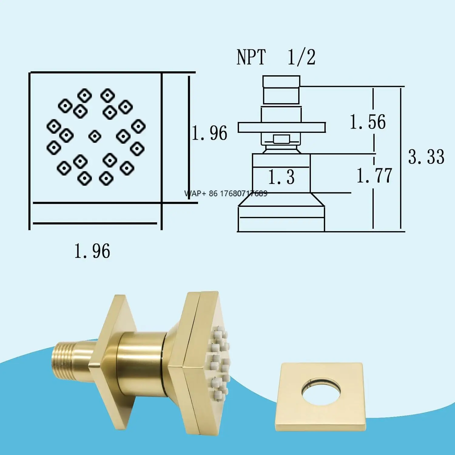 

2-Function High-Pressure Brushed Modern Wall Mount Brass Square Showerhead Adjustable Swivel Ball Spa Massage Shower Kits Faucet
