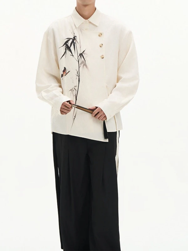 

Retro Chinese Sle Long Sve irt Bamboo Embroidery Side Button Design Men's Loose Fit Breathable Polyester