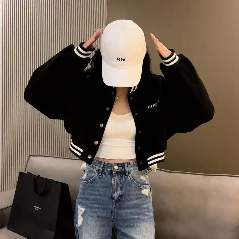 Women Loose Casual Jacket Top Early Spring Retro Contrast Color Embroidery Baseball Jacket Autumn Versatile Comfortable Coat