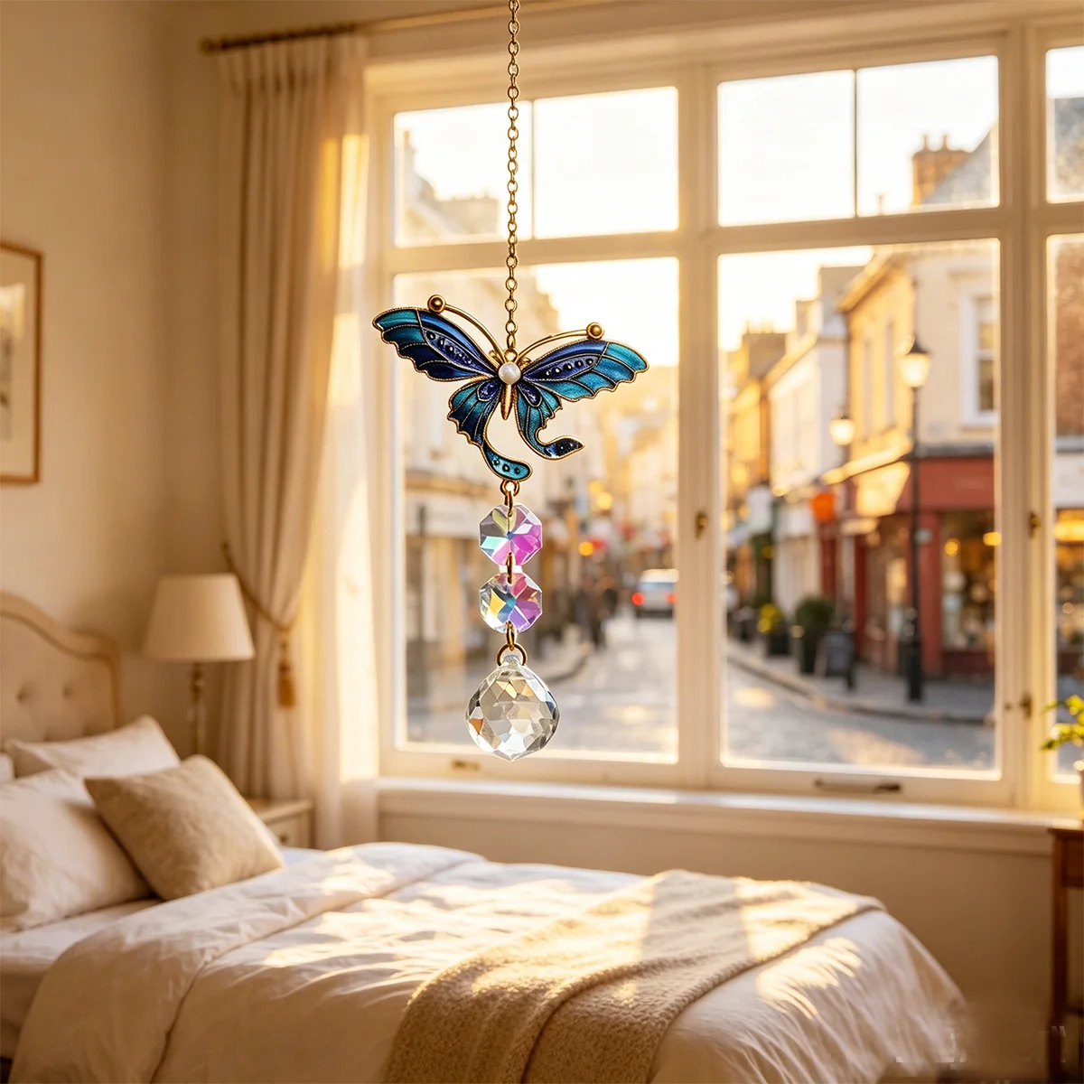 1Pc Crystal Hanging Ornament, Indoor/Outdoor Decoration, Garden Decoration, with Blue Butterfly Accessories, Crystal Prism, Suitable for Multiple Holidays, Can Be Used All Year Round, Perfect Gift for Nature Lovers