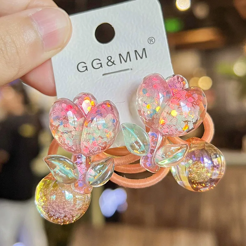 2pcs/lot Colorful Flower Burst Glittering Powder Round Ball Long Elastic Hair Band For Girl Children Cute Kawaii Rubber Ties