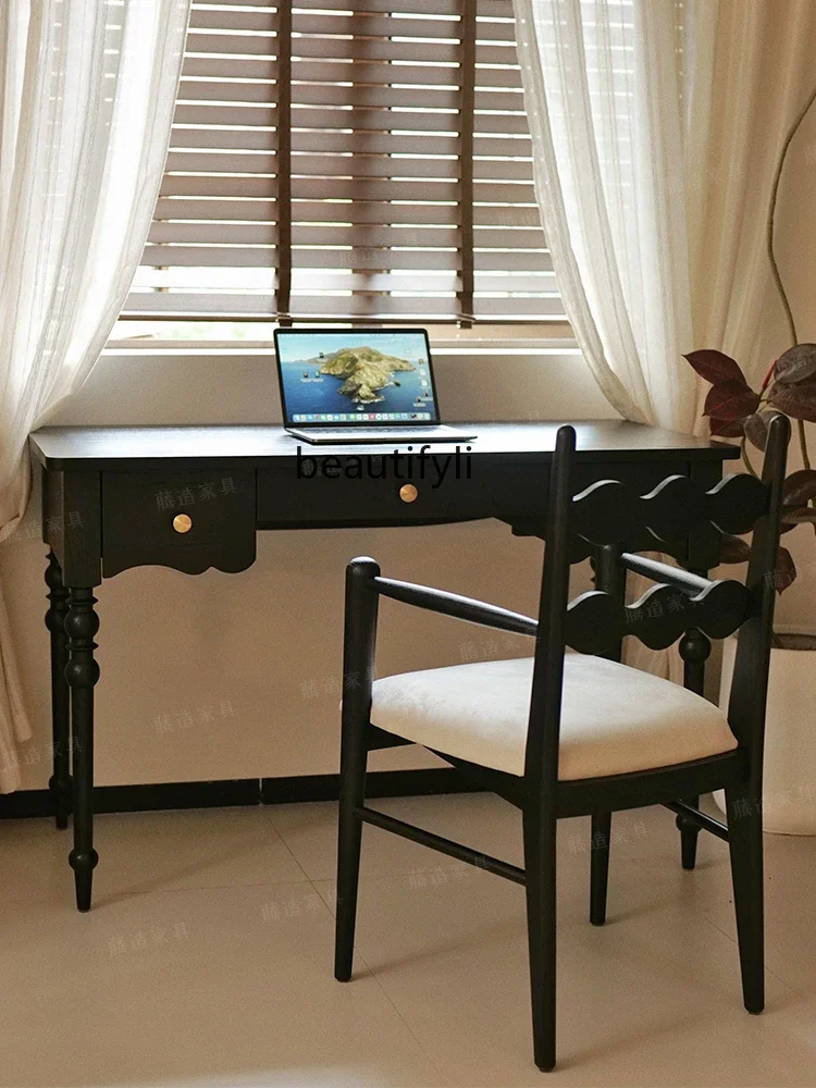

French retro all solid wood writing desk study medieval desk dresser log