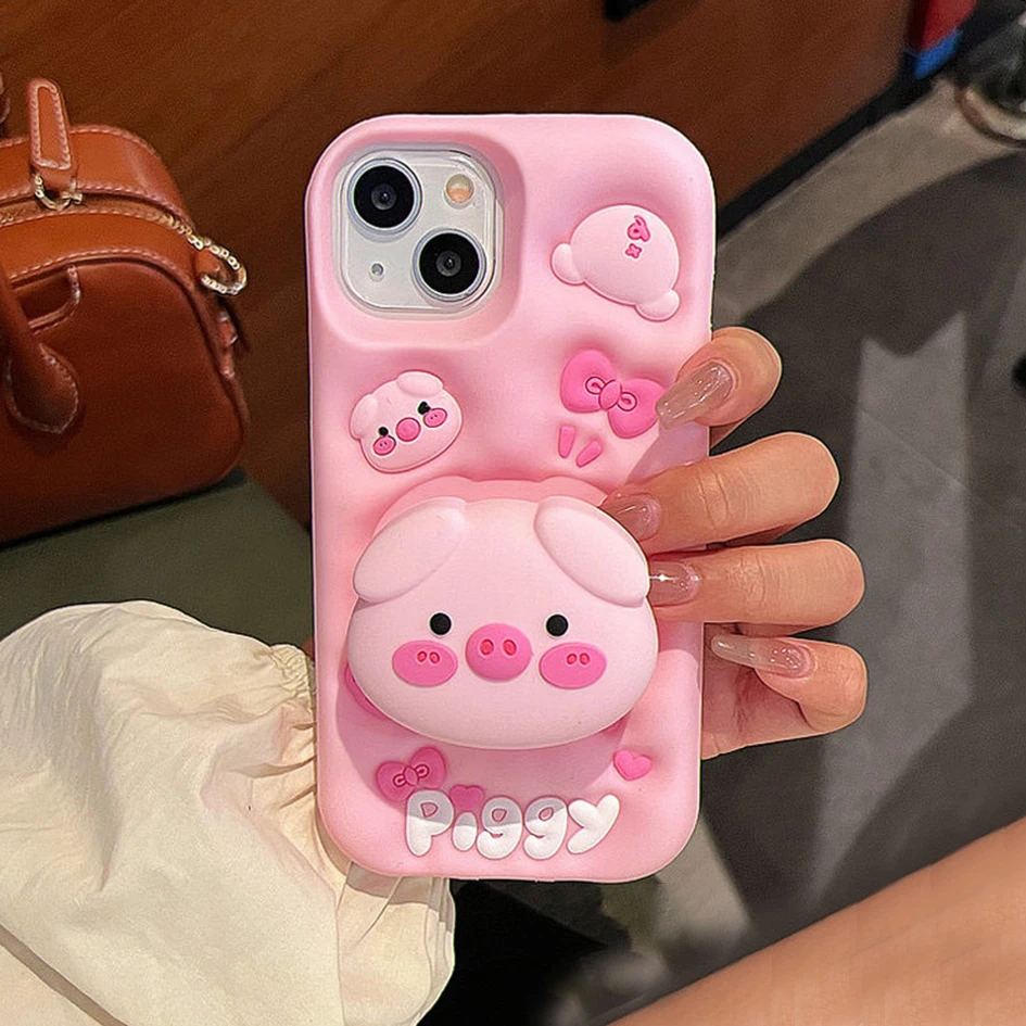 

Korea pop ins Cartoon Pig fold Holder 3D Case For iphone 16 15 14 13 12 Pro Max 11 14pro 15promax 13PM Soft Silicone Phone Cover