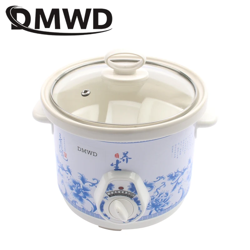 DMWD electric 140w Slow Cookers mini mechanical timer control stew foods Ceramic liner Blue and white porcelain color 1.5L