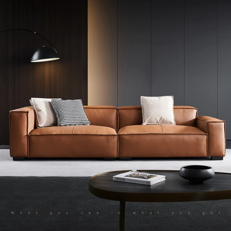 Italian tofu block leather sofa modern simple Internet celebrity living room three straight top layer cowhide sofa combination