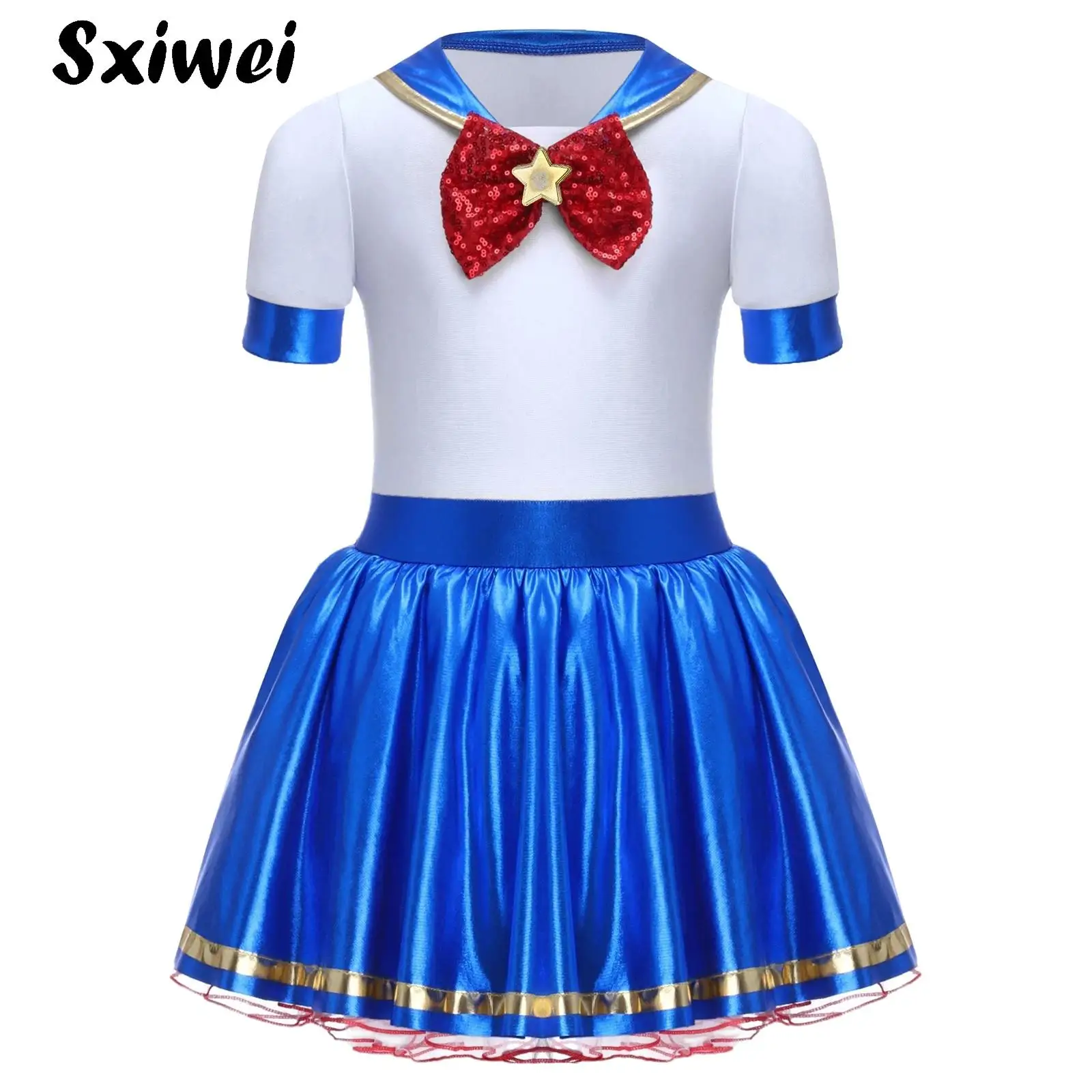 

Kids Girl Sailor Dress Shiny Metallic Halloween Moon JK Cosplay Costume Cute Sailor Suit for Carnival Party Dance Performance