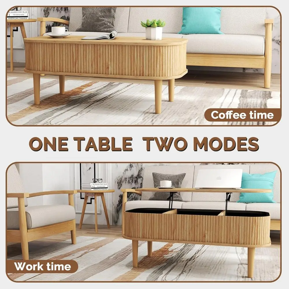 Mid-Century Oval Lift-Top Coffee Table with Storage, Natural Finish, Ideal for Living Rooms, Offices, and Compact Spaces