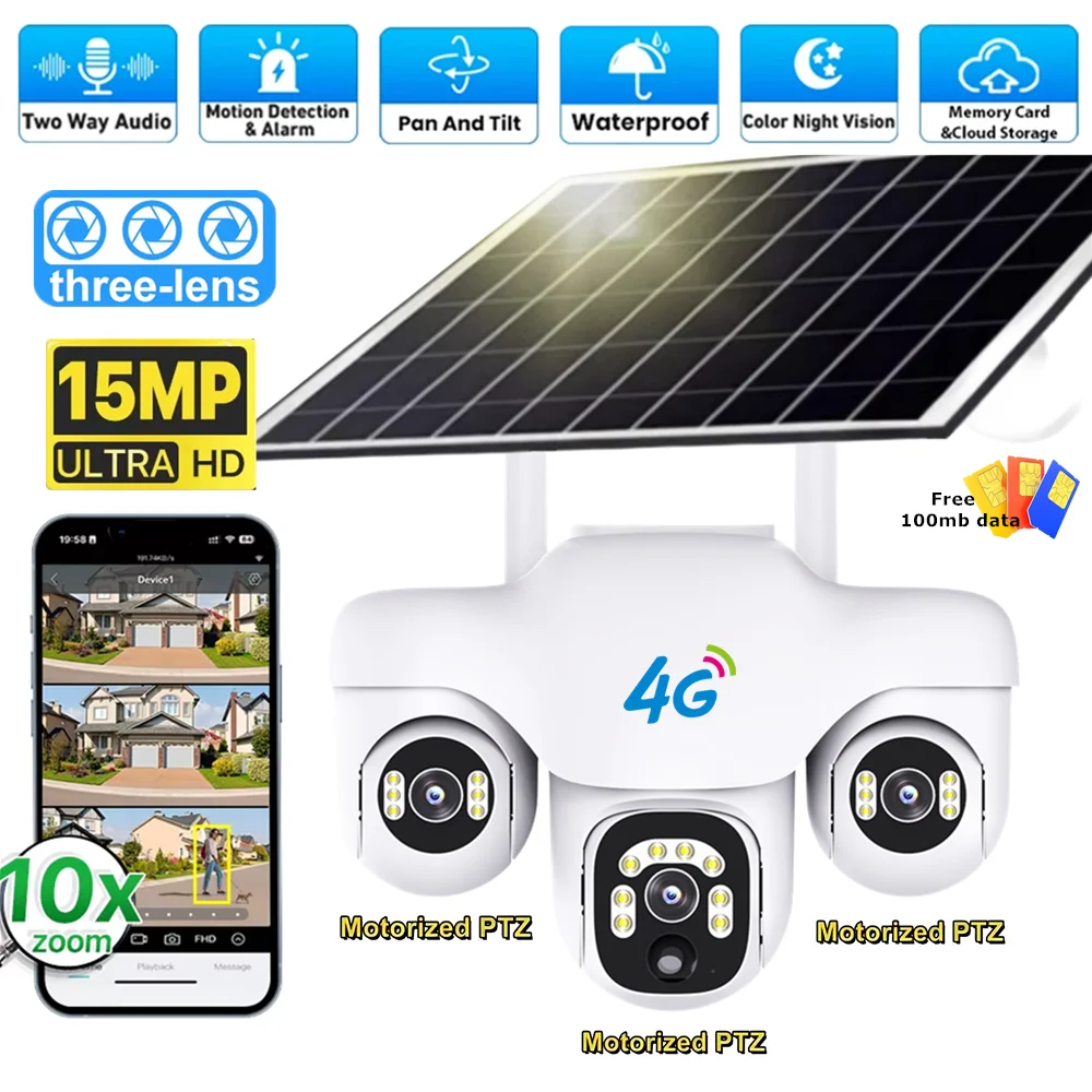 V380 Pro 15MP عدسة ثلاثية PTZ التحكم 4G كاميرا تعمل بالطاقة الشمسية في الهواء الطلق ثلاثة شاشات PIR كشف الحركة كاميرا مراقبة أمنية CCTV