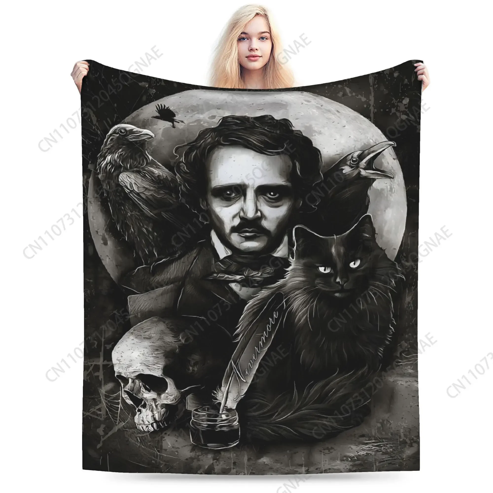 Custom Edgar Allan Poe Gothic Literary Flannel Blanket - Ultra-Soft All-Season Throw With Raven Skull Quill Design For Living Ro