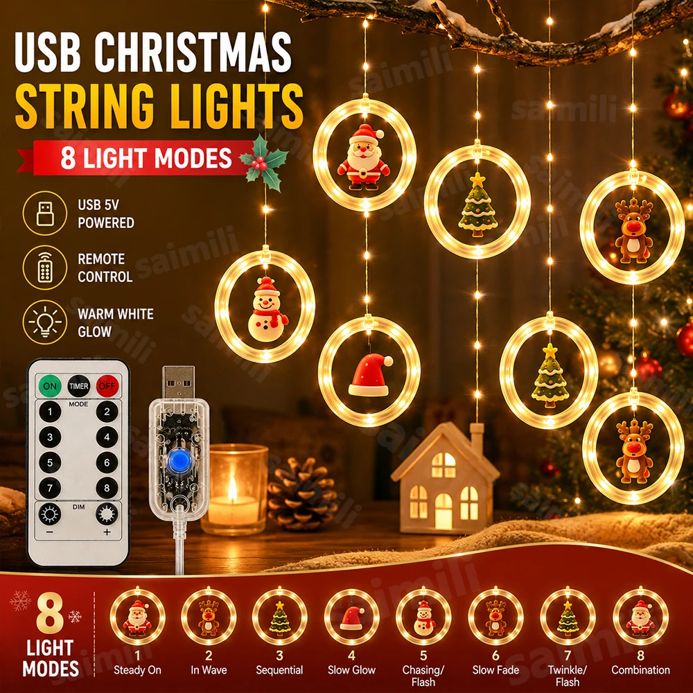 USB Christmas Character Curtain Light 8 Lighting Modes Santa Reindeer Snowman Tree Ring LED Lamp For Outdoor Holiday Party Decor
