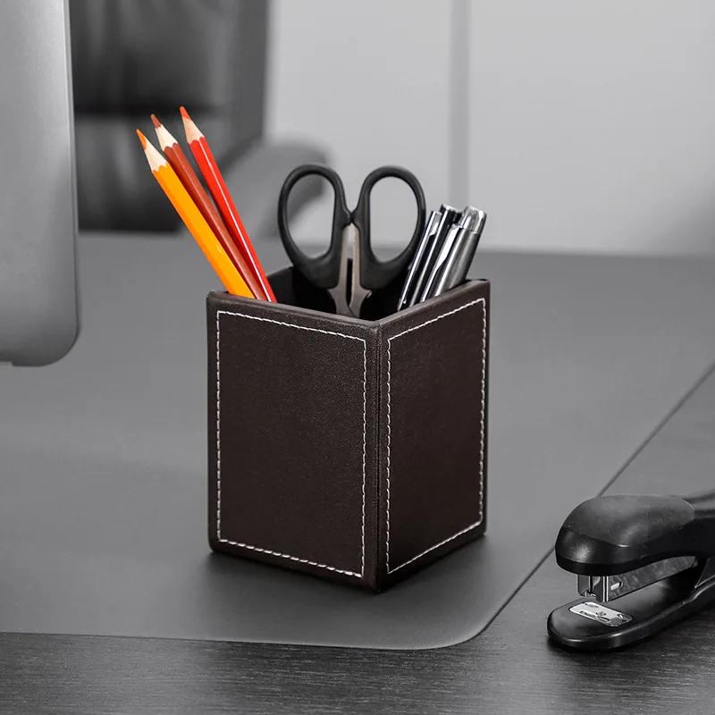 Leather Pencil Holder Creative Student Stationery Office Simple Square Pencil Case Desk Organizer Black Business
