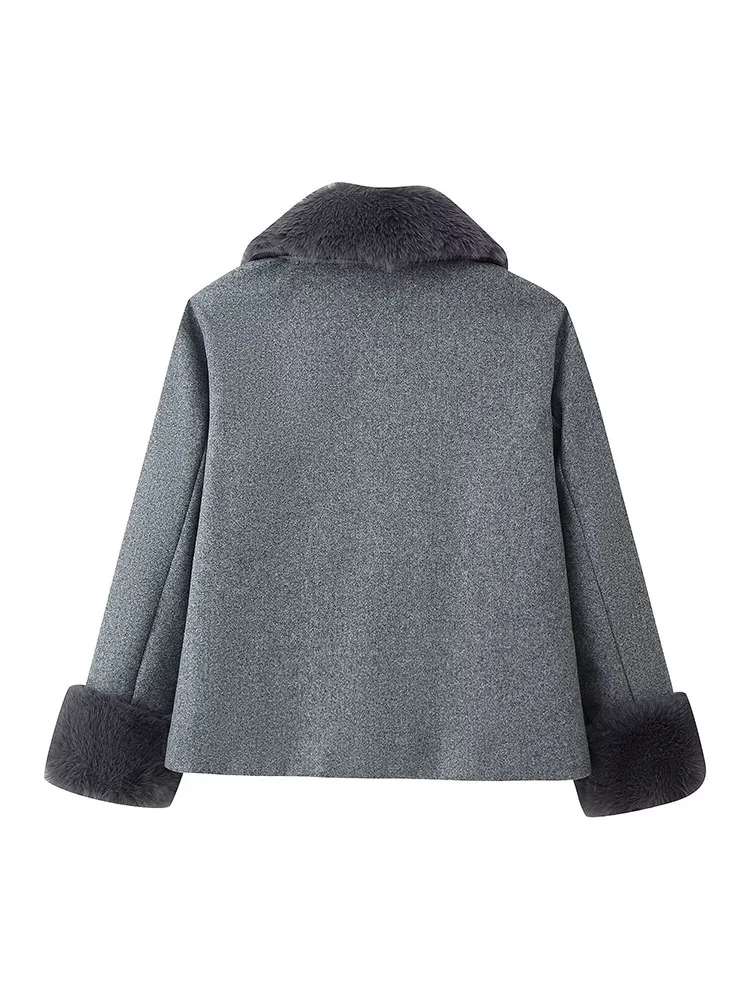 HH mujer moda invierno manga larga adorno de piel sintética traje de una sola botonadura solapa Chaqueta corta mujer ocio estilo callejero abrigo