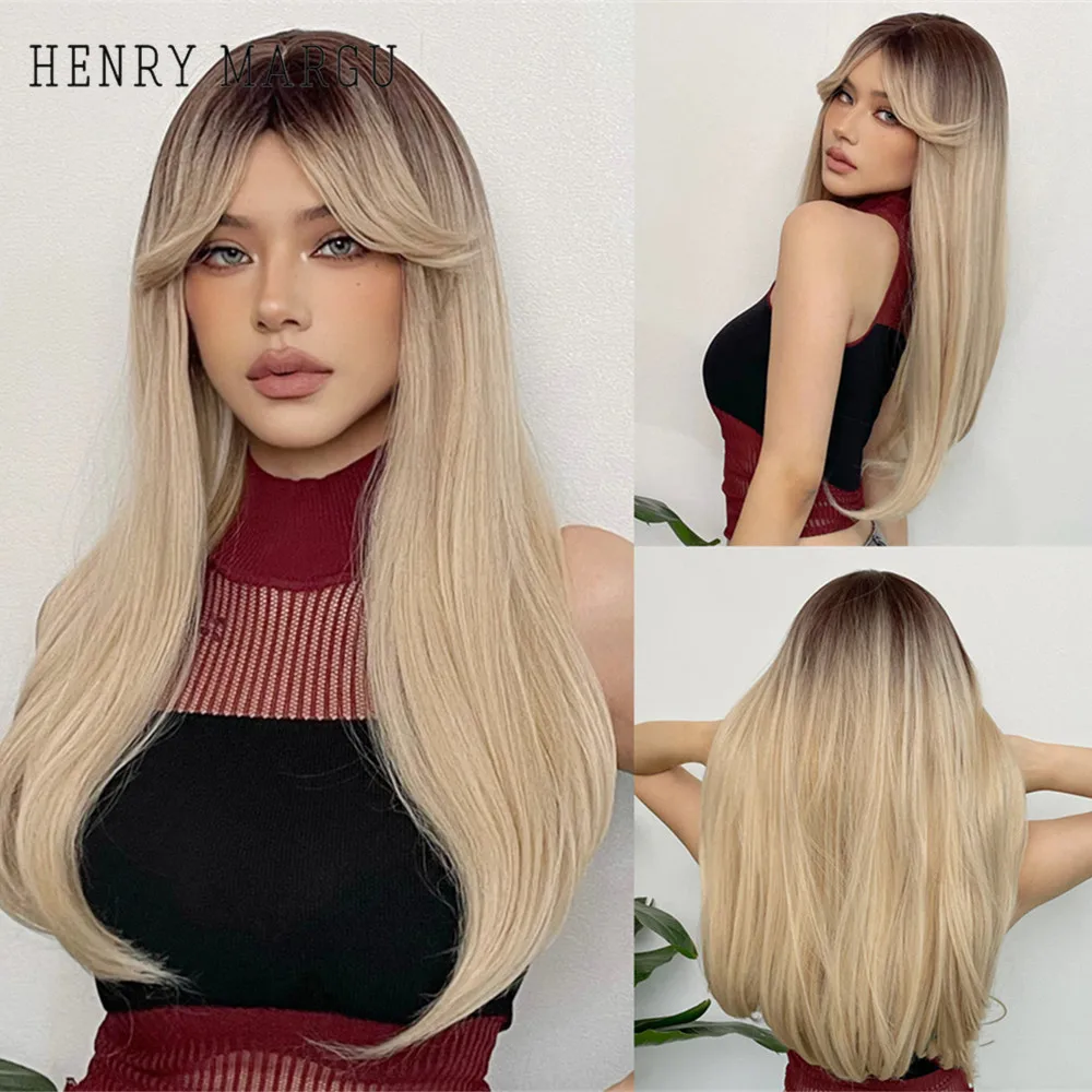 HENRY MARGU Blonde Long Straight Wigs with Bangs for Women Ombre Natural Looking Daily Party Wig Dark Roots Heat Resistant Fiber