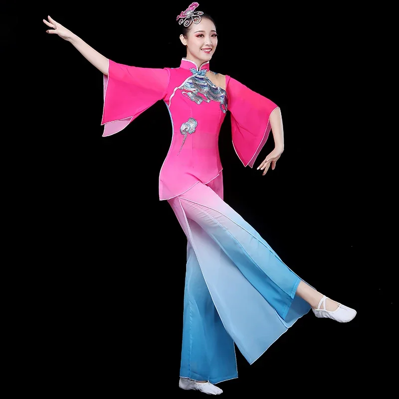 Estilo chinês guarda-chuva étnico dança yangko trajes de dança clássica elegante fã dança traje hanfu roupas desempenho palco