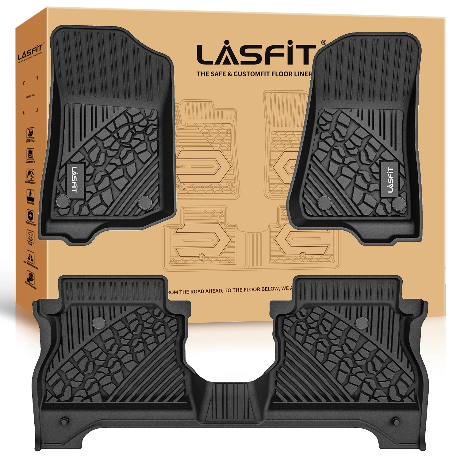 LASFIT Floor Mats Fit for Jeep Gladiator 2024 2023 2022 2021 2020 1st and 2nd Row TPE Material Black Custom Fit Floor Liners