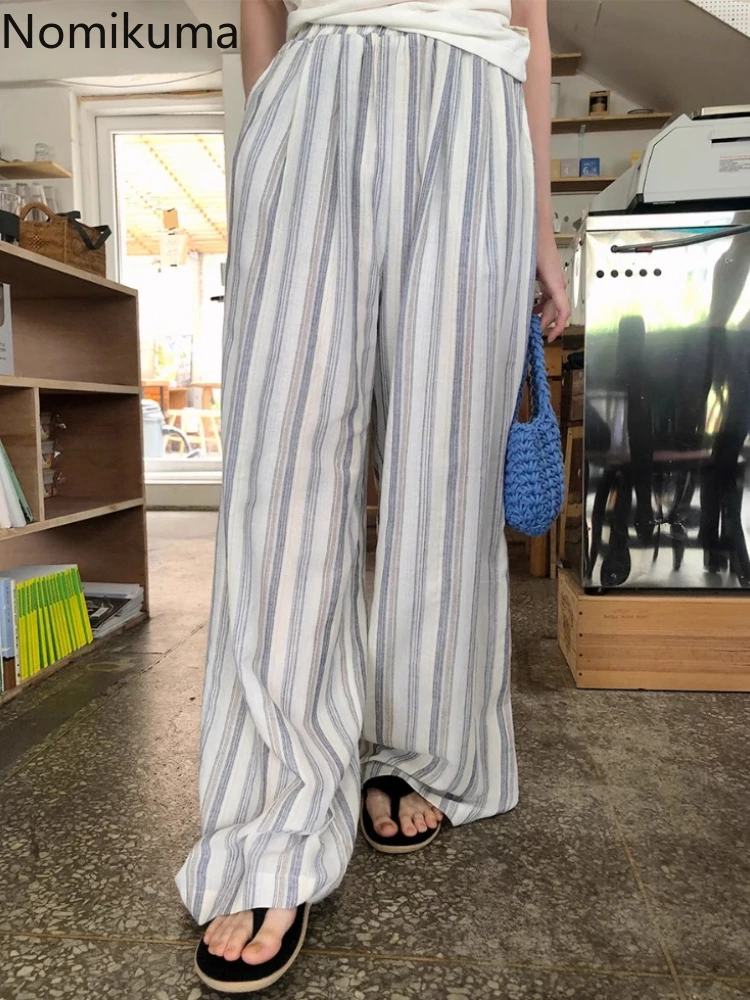 

Japanese Pantalon Femme Fashion Summer Wide Leg Pants for Women Elastic Waist Casual Drawstring Striped Y2k Trousers New Bottoms