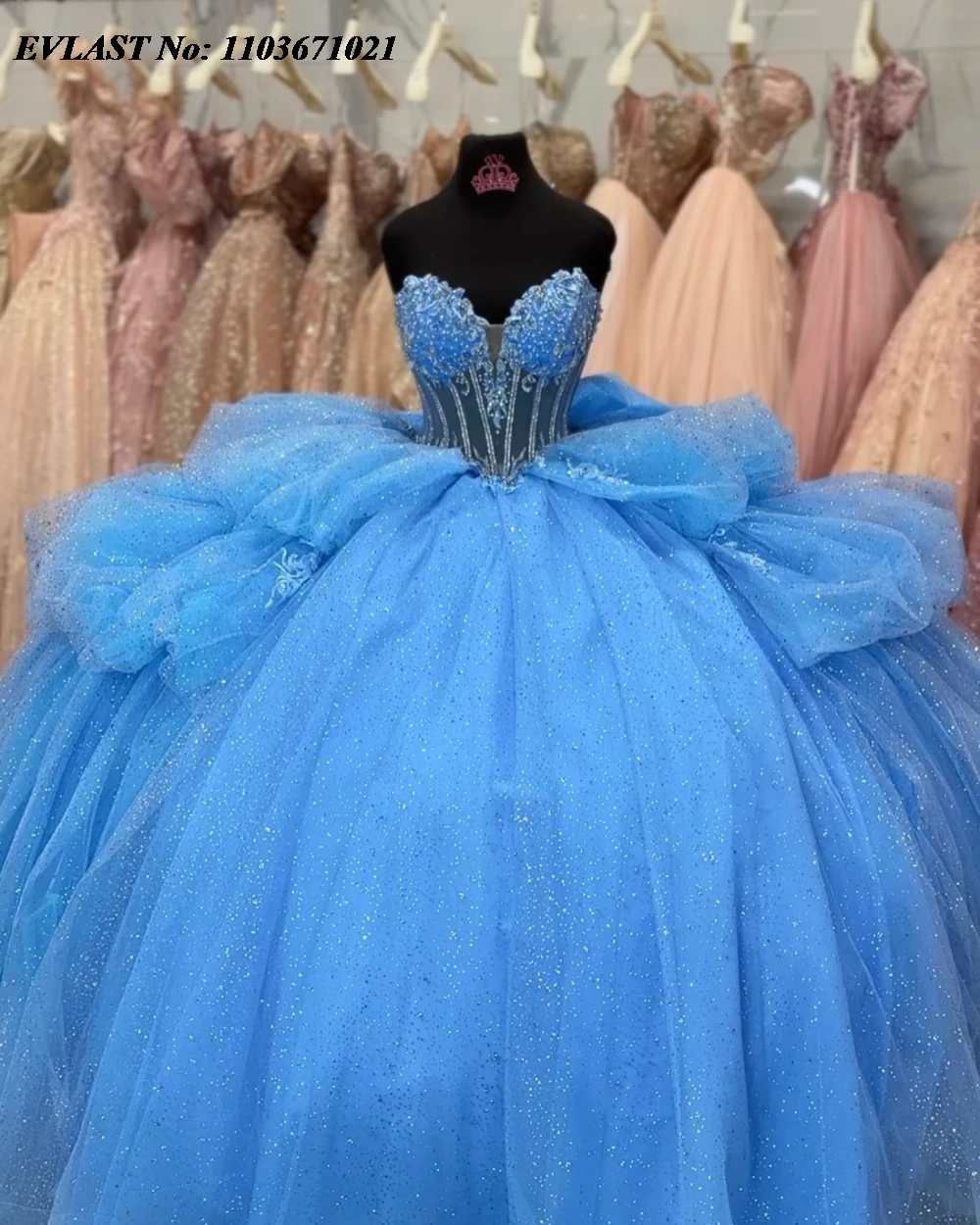 EVLAST gaun pesta gaya putri biru Quinceanera gaun pesta manik-manik Applique berkilau korset Meksiko berjenjang manis 16 Vestidos De 15 Anos SQ732