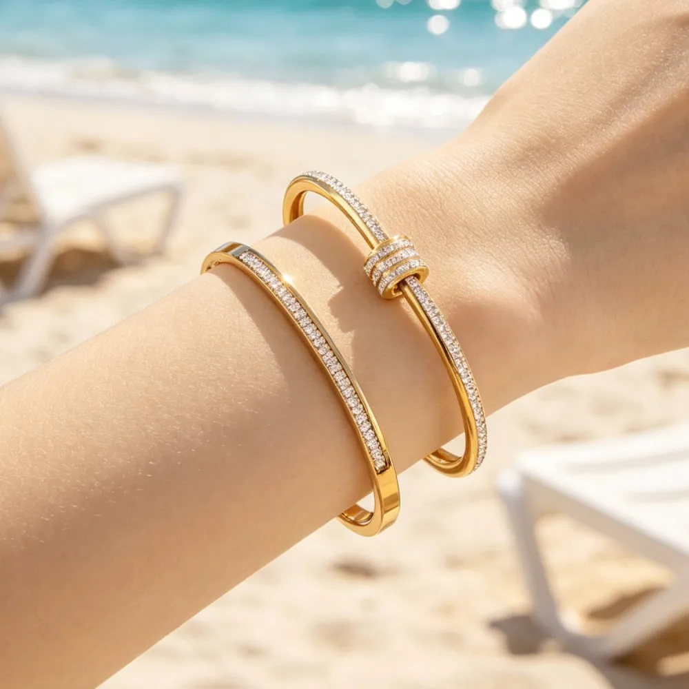 Multiple Zircon Colors Stainless Steel Bangle Women Minimalist Stackable Waterproof Bracelet Luxury Jewelry